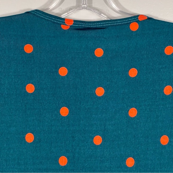 LuLaRoe Irma Stretch Tee Size XXS Dark Teal Green Orange Polka Dots Oversize Top - Picture 6 of 7